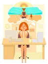 Woman works in the office and dreams about going to summer vacation to the beach. Girl dreaming about meditation at the