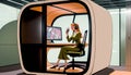 Woman works in office pod capsule room for concentrate work in silence, online negotiation Royalty Free Stock Photo