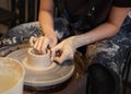 A woman works on a potter& x27;s wheel. Hands form a cup of wet clay on a potter& x27;s wheel. Artistic concept.