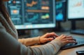 Woman works on programming dashboard, typing code on laptop keyboard. Programmer, software tester or analyst working with finance Royalty Free Stock Photo