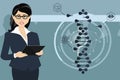 The woman works with a tablet. CRISPR CAS9-genetic engineering. Royalty Free Stock Photo