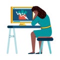 Woman worried about economic crisis - sad cartoon girl and computer