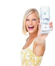 Woman, wow in portrait with smile and cash in hand, finance and dollars with happy rich female isolated on white