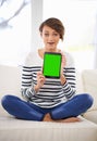 Woman, wow and tablet for mockup, green screen and advertising online for technology or app. Surprise info, news or Royalty Free Stock Photo