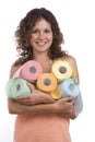 Woman wrapped in bath towel with toilet paper Royalty Free Stock Photo
