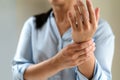 Woman wrist arm pain long working. office syndrome healthcare and medicine concept