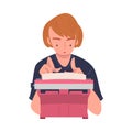 Woman Writer Character at Typewriter Writing Book Engaged in Creative Literary Work Vector Illustration