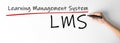 Woman writing abbreviation LMS below underlined Learning Management System text on whiteboard, closeup. Banner design