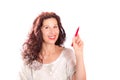 Woman writing in the air with red pen Royalty Free Stock Photo