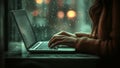 A Woman Writing on a Computer Typing on a Laptop Notebook Keyboard Surfing the Web While Looking Through a Window With Rain