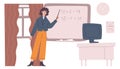 Woman writing formula examples on chalkboard. Math teacher Royalty Free Stock Photo