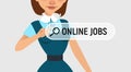 Woman is writing ONLINE JOB in search bar on virtual screen. Woman searches job. Online recruitment service