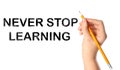 Woman writing phrase NEVER STOP LEARNING on background, closeup. Banner design