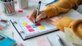 Woman writing in planner. Organizing daily tasks. Colorful sticky notes and a pen are on the table. Workflow arrangement Royalty Free Stock Photo