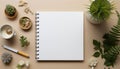 Woman Writing in Spiral Notebook in Modern Beige Room with Plants