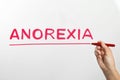 Woman writing word ANOREXIA on glass against white background, closeup