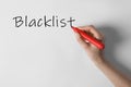 Woman writing word Blacklist on whiteboard, closeup