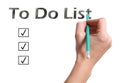 Woman writing words To Do List with pencil on white paper, closeup. Illustration of check boxes with marks Royalty Free Stock Photo