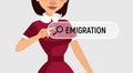 Woman is written EMIGRATION in search bar on virtual screen.