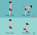 Woman wrong and right deadlift posture,illustration