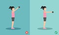 Woman wrong and right dumbbell front raise posture