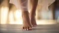 A woman& x27;s bare feet walking on a wooden floor, AI Royalty Free Stock Photo