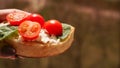 Woman& x27;s hand with cherry tomato bruschetta. Italian wine appetizer Royalty Free Stock Photo