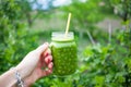 woman& x27;s hand holding jar with green cold-pressed juice, vegetable garden background. Healthy eating, detoxing, juicing, body