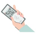 A woman's hand holds a phone with a qr code on the screen. Scan the code on the phone. QR sticker. Vector flat isolated Royalty Free Stock Photo