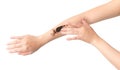 Woman& x27;s hand with scrub coffee grounds on skin hand and arm, bea