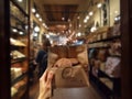 woman's hands carefully hold a craft paper bag with groceries