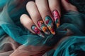 A woman& x27;s hands with colorful nail art on them, AI Royalty Free Stock Photo