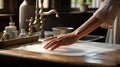 a woman& x27;s hands engaged in the cleaning process, with the tabletop gleaming after being polished. The composition