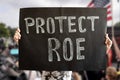 A woman's hands hold a Protect ROE banner. a woman stands up for her rights with a banner at a rally. The concept of