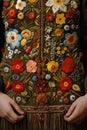 Woman& x27;s hands holding colorful floral embroidered vest. Generative AI