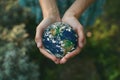 Woman& x27;s hands holding planet earth globe. Environmental ecology issues, save the world concept. AI Generated Royalty Free Stock Photo