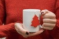 Woman& x27;s hands holding white cup mug of coffee,tea.female in red warm sweater.Christmas New Year Royalty Free Stock Photo