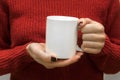 Woman& x27;s hands holding white cup mug of coffee,tea.female in red warm sweater.Christmas New Year Royalty Free Stock Photo