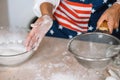 Woman& x27;s hands sifting flour through sieve. Selective focus. Royalty Free Stock Photo