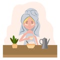 Woman's morning daily routine. young woman in a towel drinking coffee or tea from a cup on breakfast. Self-love with