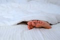 Woman& x27;s moving feet in bed among white linen, she is sleeping under blanket.