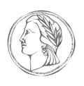 Woman's profile with wreath in a coin like circle. Pencil drawn illustration. Antique style