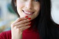 Woman& x27;s smile and fingers with red nails Royalty Free Stock Photo