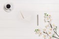 Woman's table, desk or workspace seen from above. Top view background with white wood and copy space