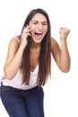 Woman yelling at the phone and looking angry Royalty Free Stock Photo