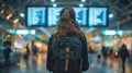 A woman with a yellow backpack is standing in front of a row of airport monitors Royalty Free Stock Photo