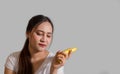 A woman with a yellow banana to make love Royalty Free Stock Photo