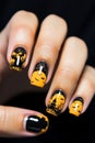 Woman with yellow and black nail polish with pumpkin and tree. Generative AI