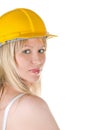 Woman in yellow building helmet Royalty Free Stock Photo