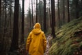 Woman yellow coat hiking. Generate Ai